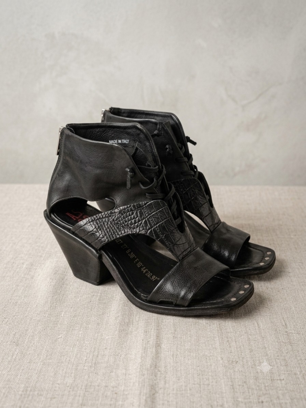 A.S.98 Black Textured Leather Cutout Lace-Up Block Heel Sandals